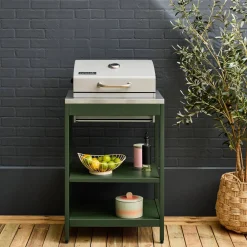 Charcoal barbecue grill stainless steel with shelves