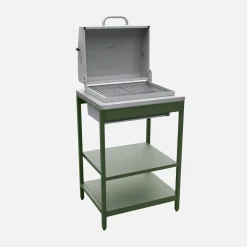 Charcoal barbecue grill stainless steel with shelves