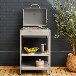 Charcoal barbecue grill stainless steel with shelves