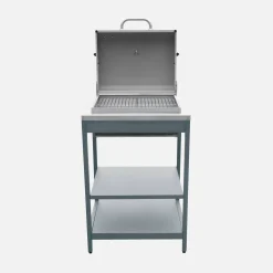 Charcoal barbecue grill stainless steel with shelves
