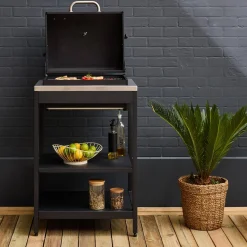 Charcoal barbecue grill stainless steel with shelves