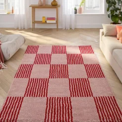 Checkerboard interior rug red and pink