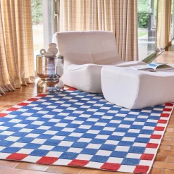 Checkered indoor/outdoor rug blue and red
