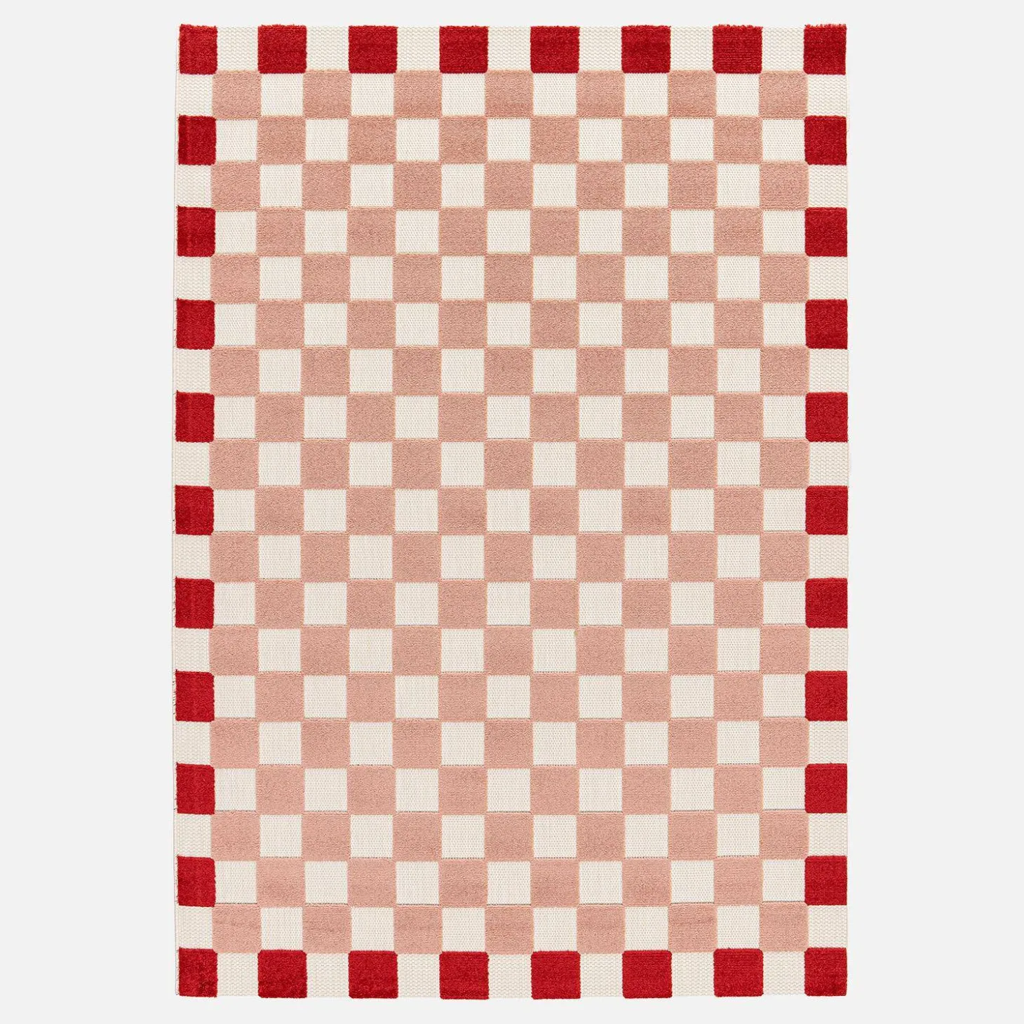 Checkered indoor/outdoor rug pink and red
