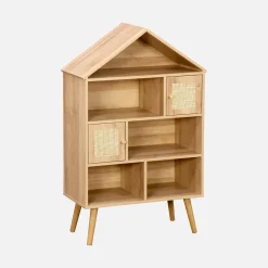 Children's bookshelf with wooden and cane effect