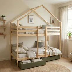 Children's bunk bed cabin 90 x 190 cm natural pine with storage drawers