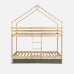 Children's bunk bed cabin 90 x 190 cm natural pine with storage drawers