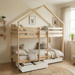 Children's bunk bed cabin 90 x 190 cm natural pine with storage drawers