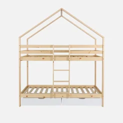 Children's bunk bed cabin 90 x 190 cm natural pine with storage drawers