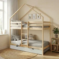 Children's bunk bed 90 x 190 cm natural pine with pull-out bed