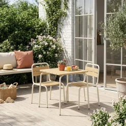 Children's garden table with steel and wood decor + 2 chairs