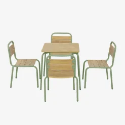 Children's garden table with steel and wood decor + 4 chairs