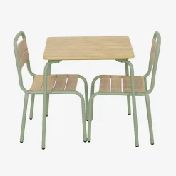Children's garden table with steel and wood decor + 2 chairs