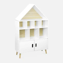 Children's house-shaped bookcase with storage