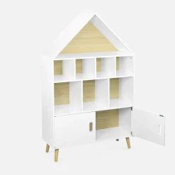 Children's house-shaped bookcase with storage