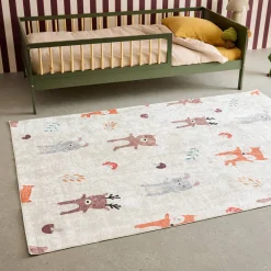 Children's Indoor Rug White with Autumnal Animal Print