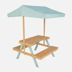 Children's picnic table, garden set in acacia wood 2-seater with parasol