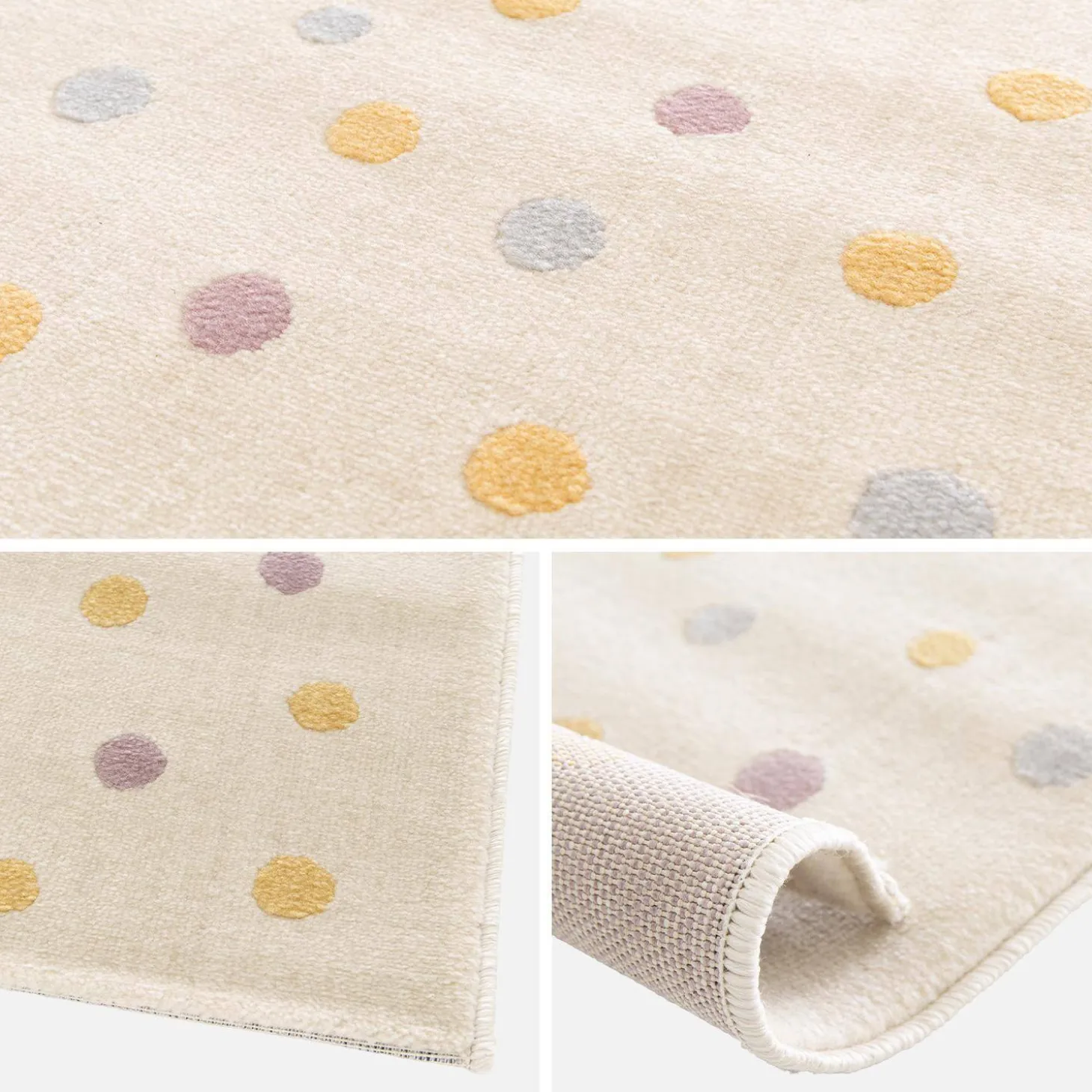 Children's rug with large colourful polka dots