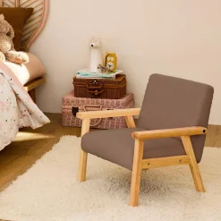 Children's scandi-style armchair in boucle fabric, rubberwood