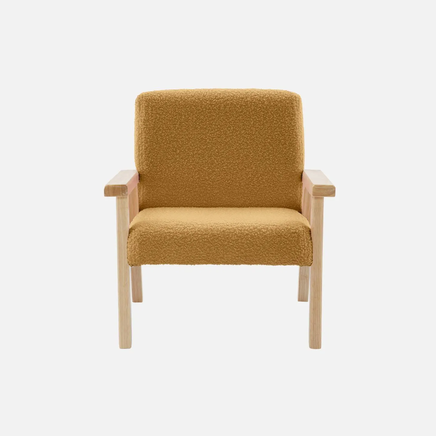 Children's scandi-style armchair in boucle fabric, rubberwood