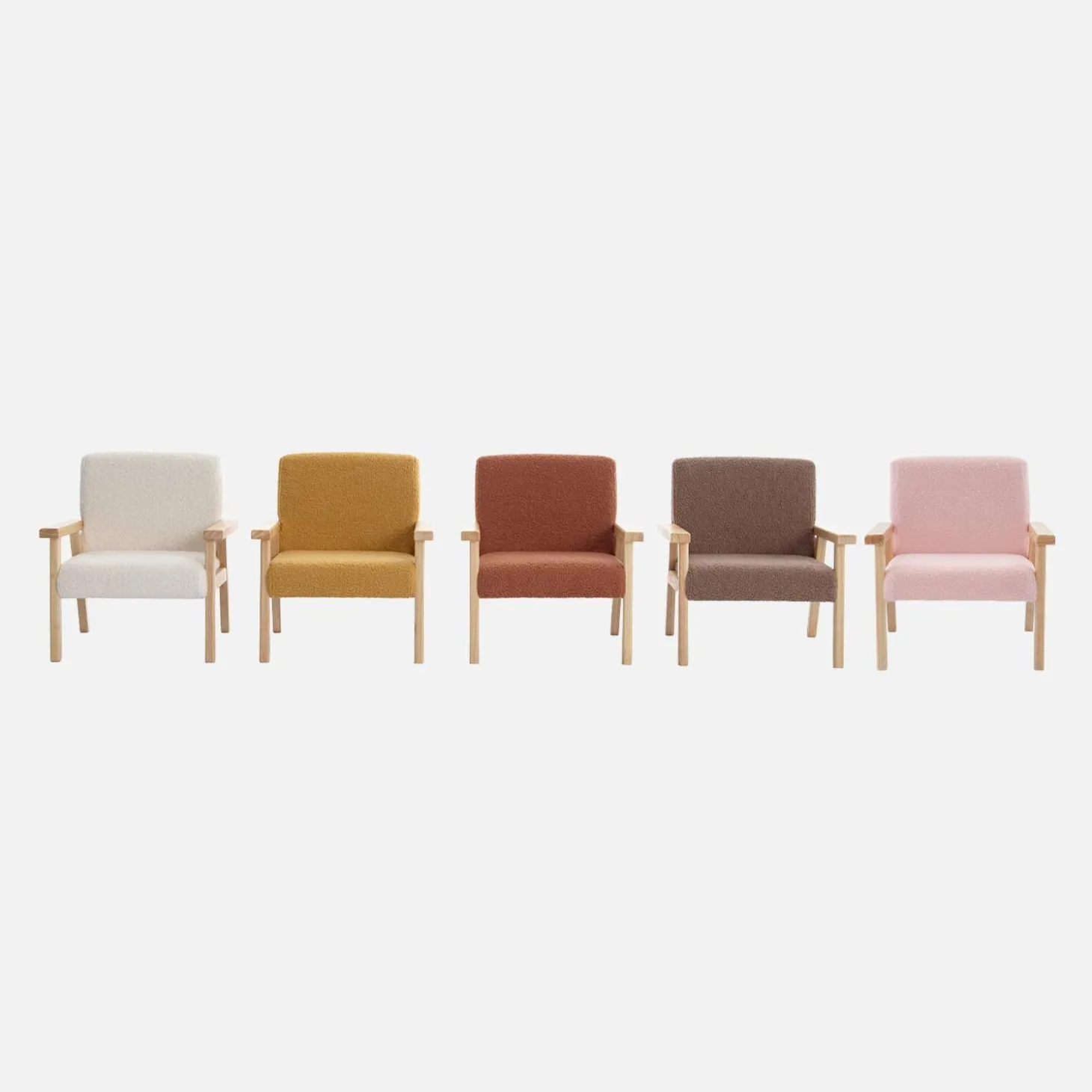 Children's scandi-style armchair in boucle fabric, rubberwood
