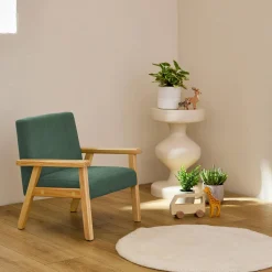 Children's scandi-style armchair, corduroy and rubberwood