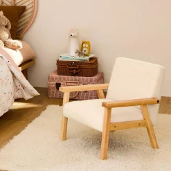 Children's scandi-style armchair in boucle fabric, rubberwood
