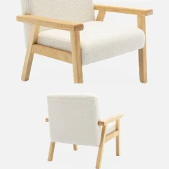 Children's scandi-style armchair in boucle fabric, rubberwood