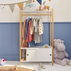 Children's storage unit with clothes rail and two sliding doors