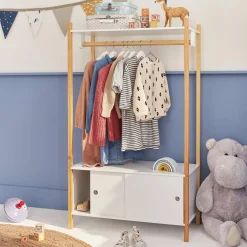 Children's storage unit with clothes rail and two sliding doors