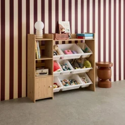 Children's storage unit with 9 storage boxes, 4 shelves, 1 door