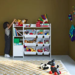 Children's storage unit with 9 storage boxes, 4 shelves, 1 door