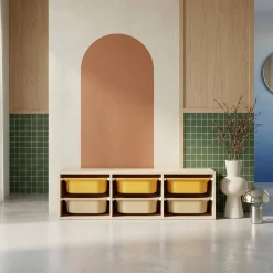 Children storage unit with 6 colourful bins, Natural