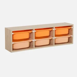 Children storage unit with 6 colourful bins, Natural