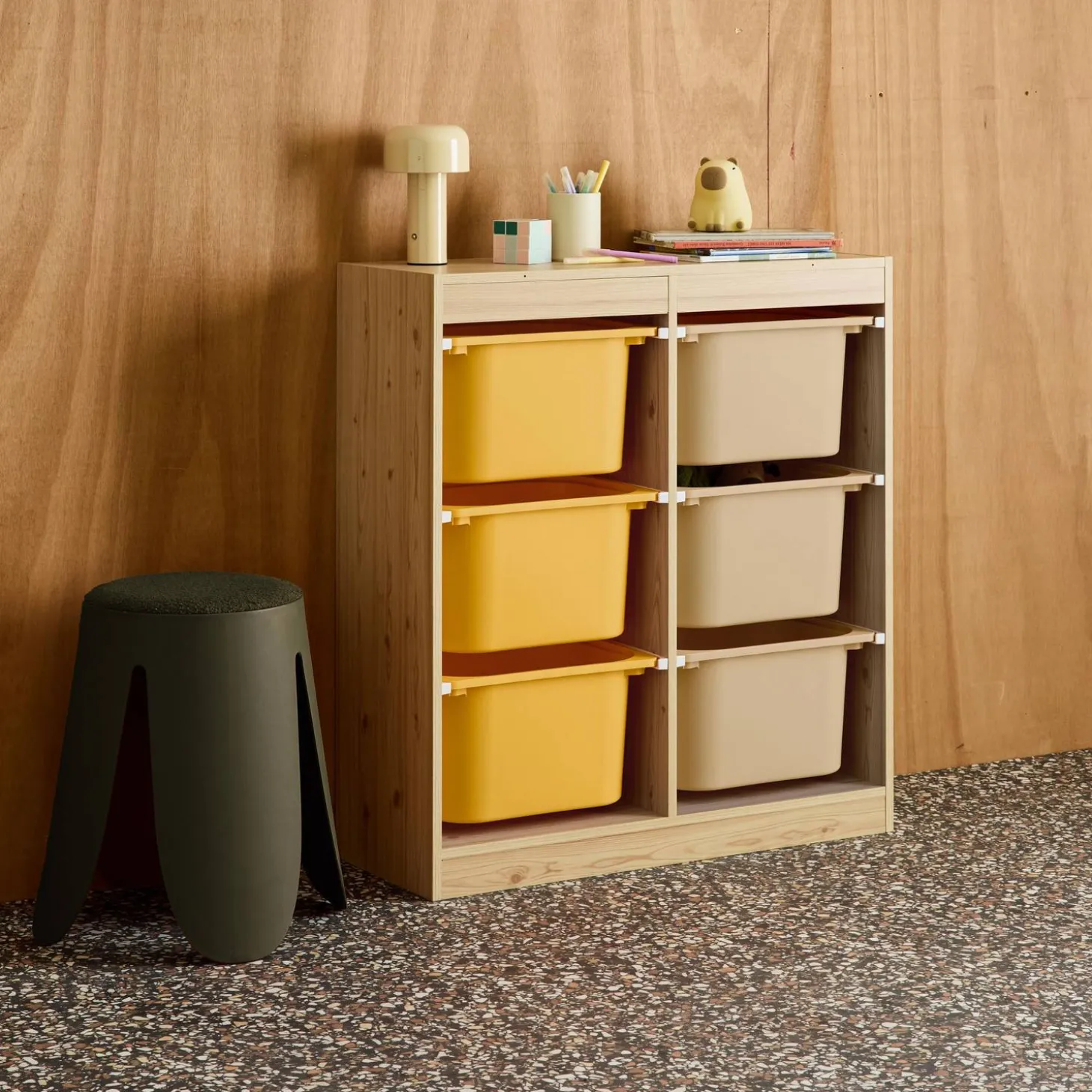 Children storage unit with 6 colourful bins, Natural