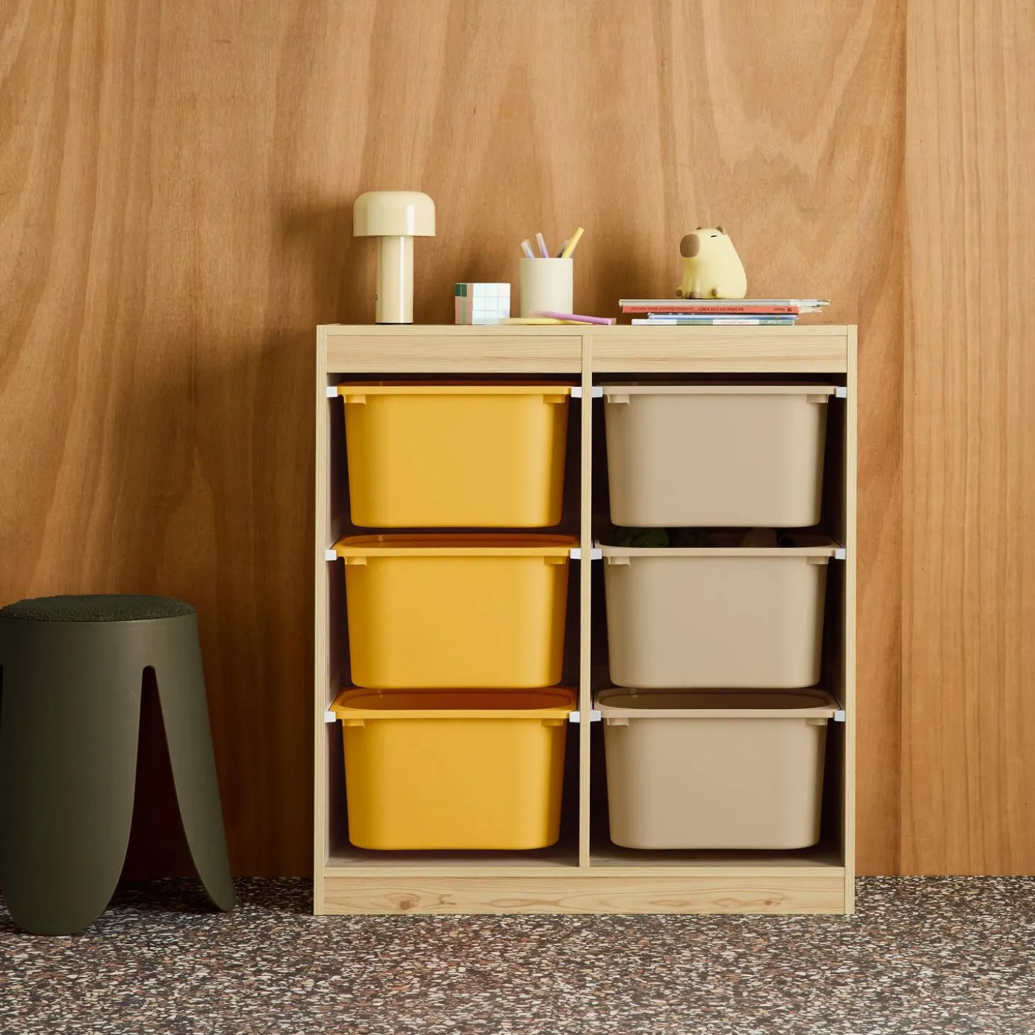 Children storage unit with 6 colourful bins, Natural