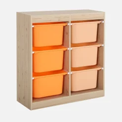 Children storage unit with 6 colourful bins, Natural
