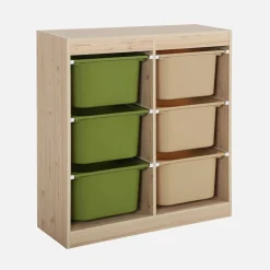 Children storage unit with 6 colourful bins, Natural