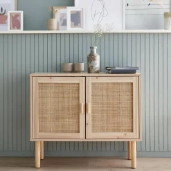 80cm cabinet with wood and rattan decor with 2 doors