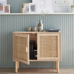 80cm cabinet with wood and rattan decor with 2 doors