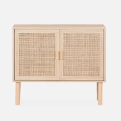 80cm cabinet with wood and rattan decor with 2 doors