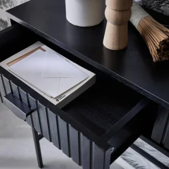 100cm console with grooved wood decor and 2 drawers
