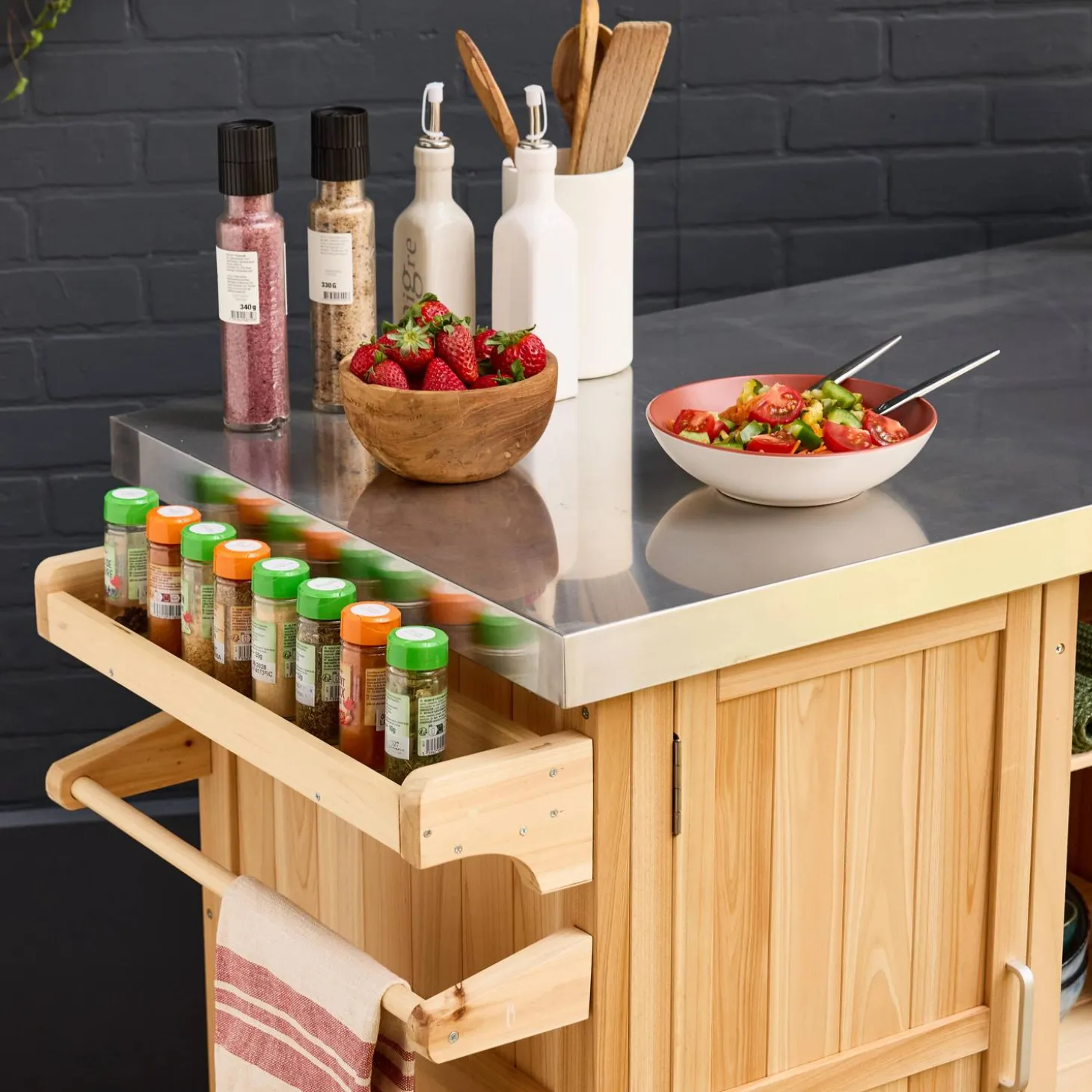 130cm fir wood barbecue sideboard with handles, 7 storage spaces