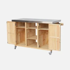 130cm fir wood barbecue sideboard with handles, 7 storage spaces