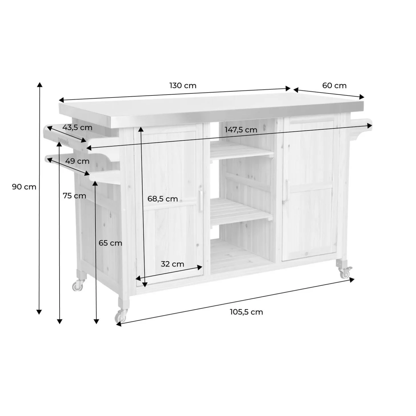 130cm fir wood barbecue sideboard with handles, 7 storage spaces