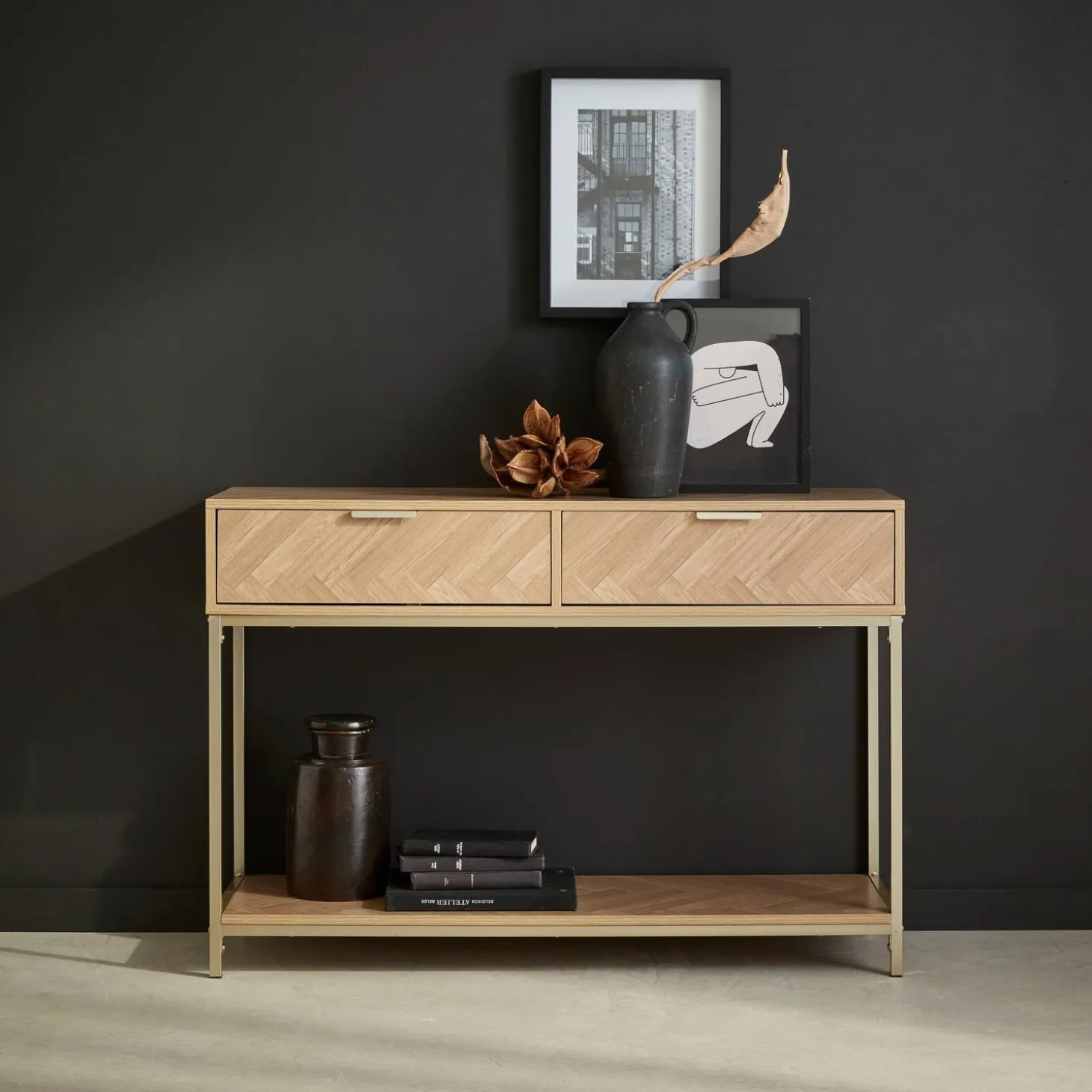 110cm herringbone console table with 2 drawers
