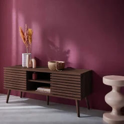 120 cm scandinavian TV unit grooved wooden effect 2 doors