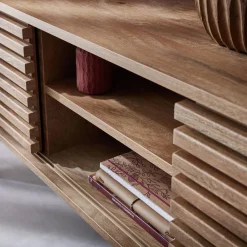120 cm scandinavian TV unit grooved wooden effect 2 doors