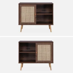 80cm scandi-style storage cabinet with wooden and cane rattan