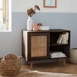 80cm scandi-style storage cabinet with wooden and cane rattan